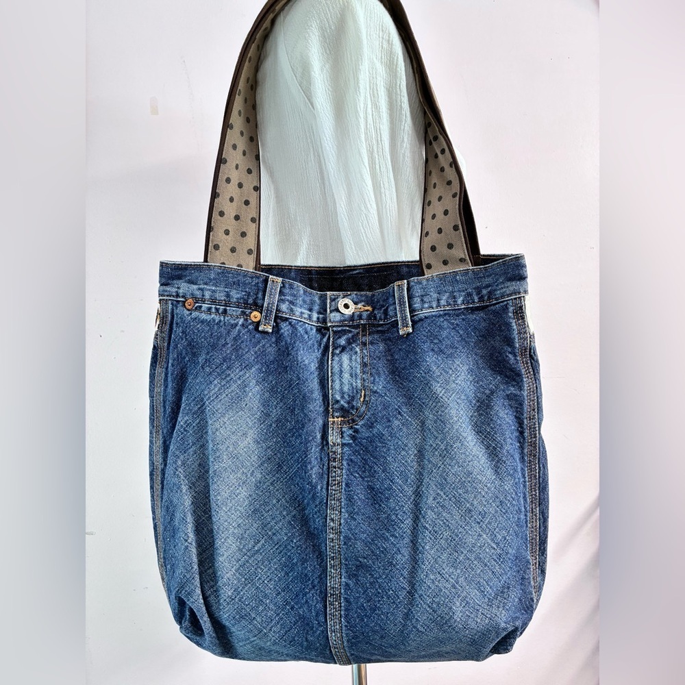 Handmade/Upcycled Shoulder Tote, Blue/Brown, Denim/Cotton, Casual